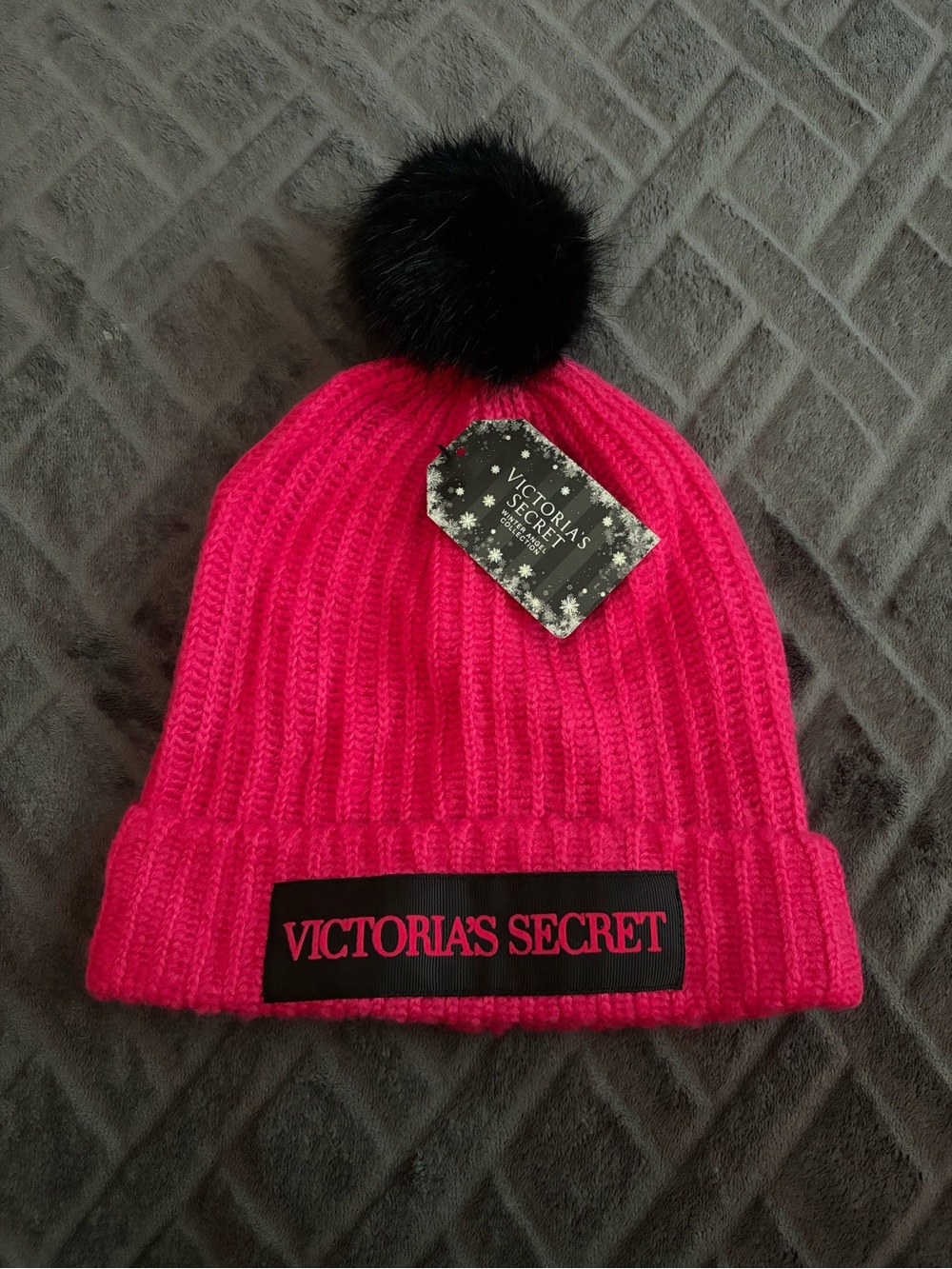 Victoria's Secret Winter Angel Collection Hot Pink Knit Beanie with Black Pom